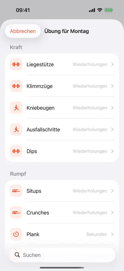 MaxxLevel App — Übung für Montag hinzufügen: Liste mit Kraft- und Rumpfübungen