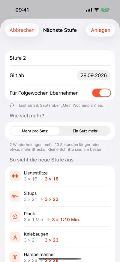 MaxxLevel App — Nächste Stufe anlegen: Wiederholungen oder Sätze steigern