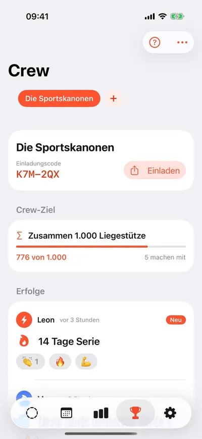 MaxxLevel App — Crew-Ansicht „Die Sportskanonen“ mit Einladungscode, Crew-Ziel und Erfolgen