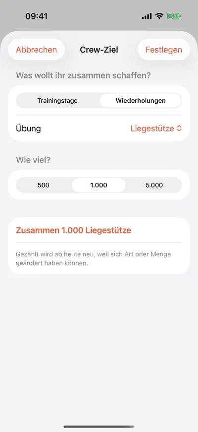 MaxxLevel App — Crew-Ziel festlegen: Trainingstage oder Wiederholungen