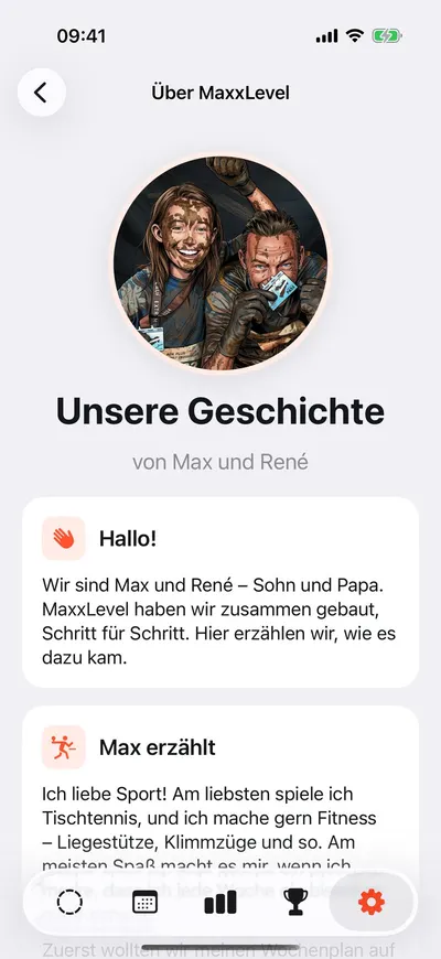 MaxxLevel App — Seite „Unsere Geschichte“ von Max und René