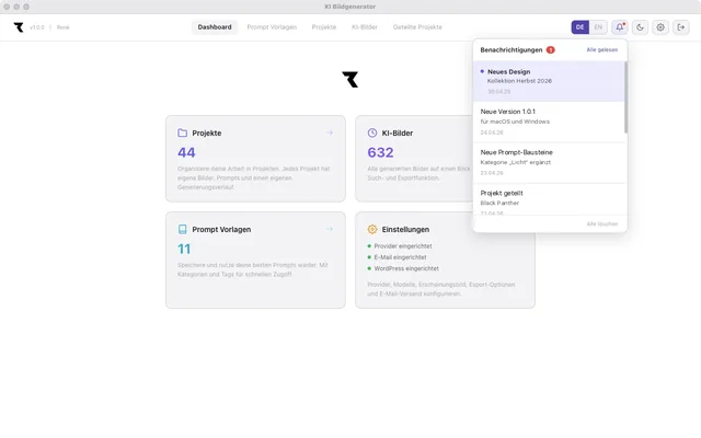 RENEKI KI-Bildgenerierung — Dashboard der Desktop-App mit geöffnetem Benachrichtigungs-Dropdown