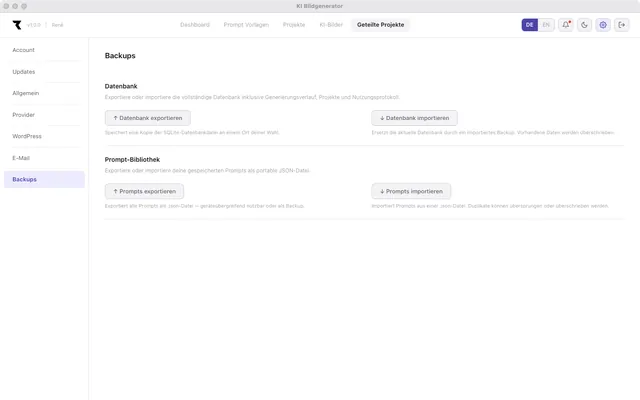 RENEKI KI-Bildgenerierung — Einstellungen: Backups von Datenbank und Prompt-Bibliothek