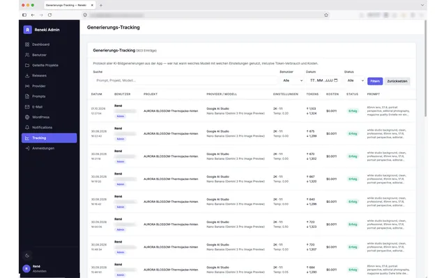 RENEKI KI-Bildgenerierung — Web-Administration: Generierungs-Tracking mit Kosten und Status