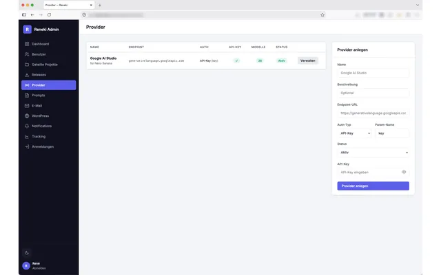 RENEKI KI-Bildgenerierung — Web-Administration: Liste der Provider