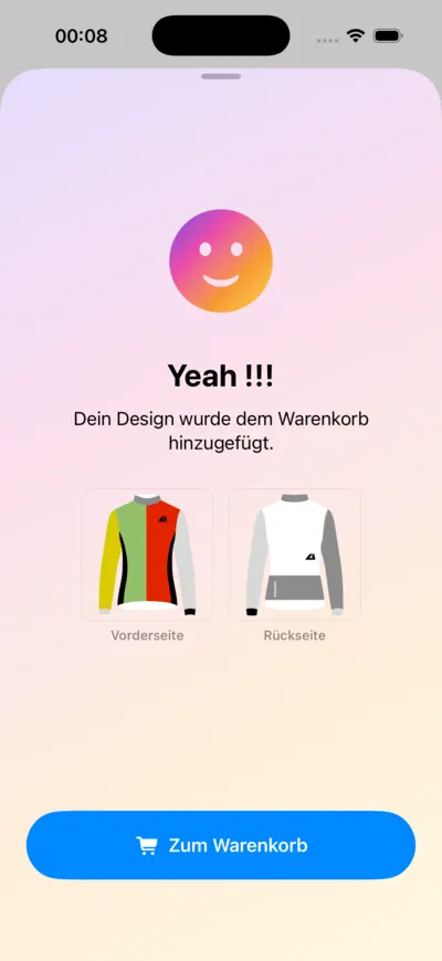 LANAKILA Shopping App — Bestätigung „Dein Design wurde dem Warenkorb hinzugefügt“ mit Vorder- und Rückseite