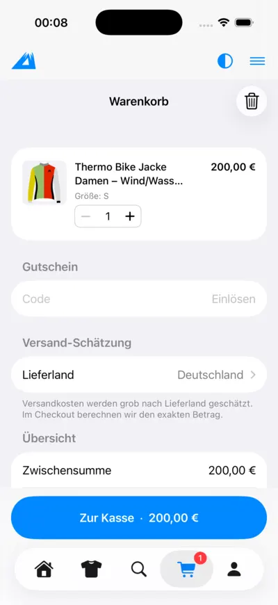 LANAKILA Shopping App — Warenkorb mit Gutscheinfeld, Versandschätzung und Button „Zur Kasse“