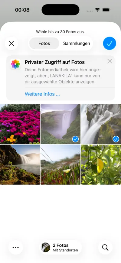 LANAKILA Shopping App — Fotoauswahl aus der Mediathek mit mehreren markierten Bildern