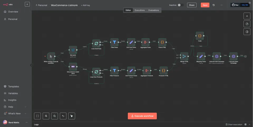 Newsletter automatisch aus Blog und Shop – mit n8n und Listmonk — Der Workflow in n8n: Beiträge und Produkte holen, filtern, zusammenführen, Kampagne anlegen