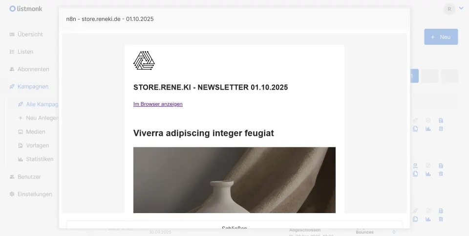 Newsletter automatisch aus Blog und Shop – mit n8n und Listmonk — Vorschau einer Kampagne in Listmonk