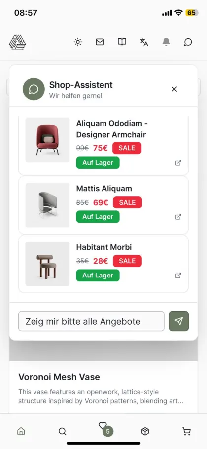 Shopping-App mit KI-Assistent – entwickelt mit Replit — Der Assistent zeigt aktuelle Angebote als Produktkarten