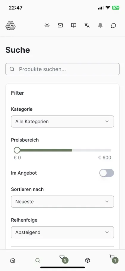 Shopping-App mit KI-Assistent – entwickelt mit Replit — Suche mit Filtern für Kategorie, Preis und Angebote