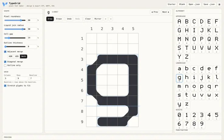 TypeGrid: eigene Pixel-Schriften gestalten, direkt im Browser. — Arbeitsfläche: Formregler links, Editor in der Mitte, Alphabet rechts