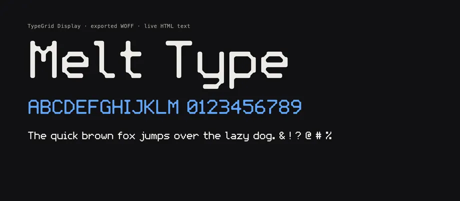 TypeGrid: eigene Pixel-Schriften gestalten, direkt im Browser. — Die exportierte WOFF-Schrift als echter Webfont auf einer HTML-Seite – markierbarer Text, keine Grafik